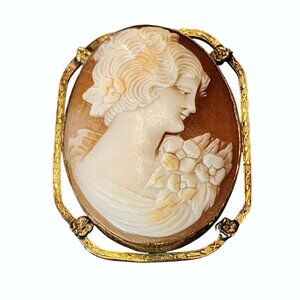 Antique 14K Gold Carnelian Shell Cameo Brooch Pin Squared Open Frame